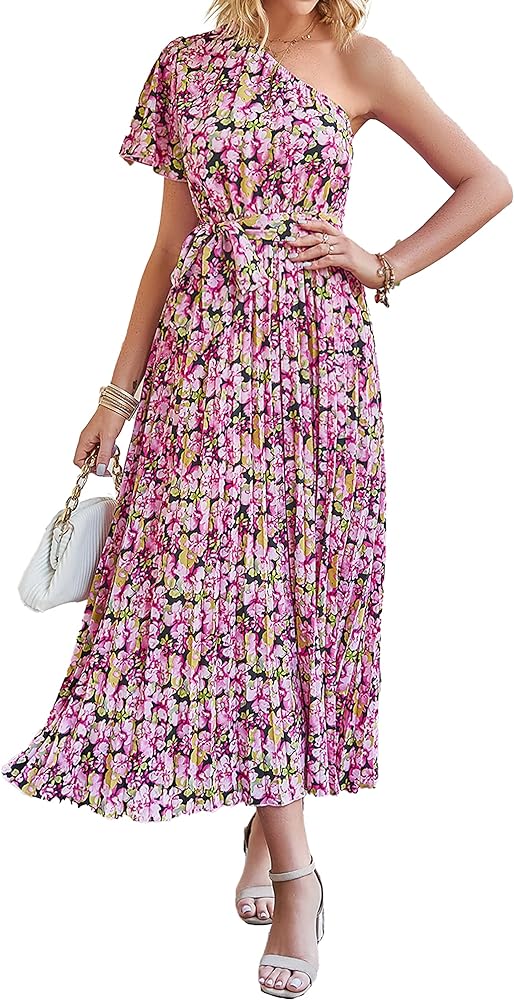 MASCOMODA Women One Shoulder Pleated Maxi Dress Summer Floral Boho Dress Short Sleeve Tie Waist A Line Party Flowy Long Dress