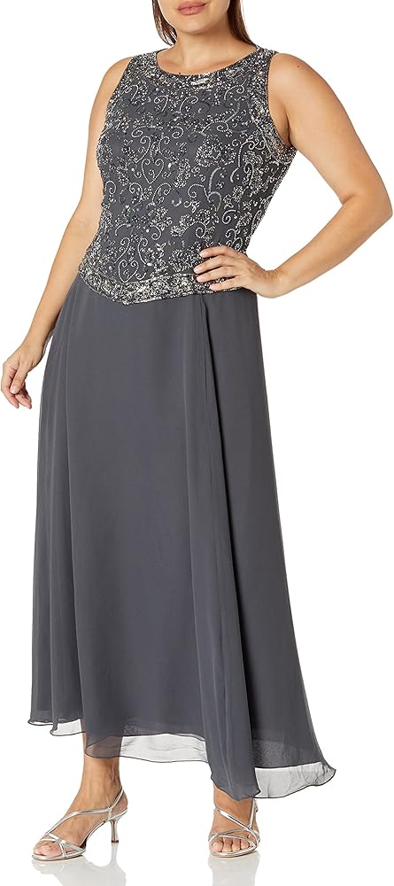 J Kara Women's Size Beaded Gown with Scarf Plus