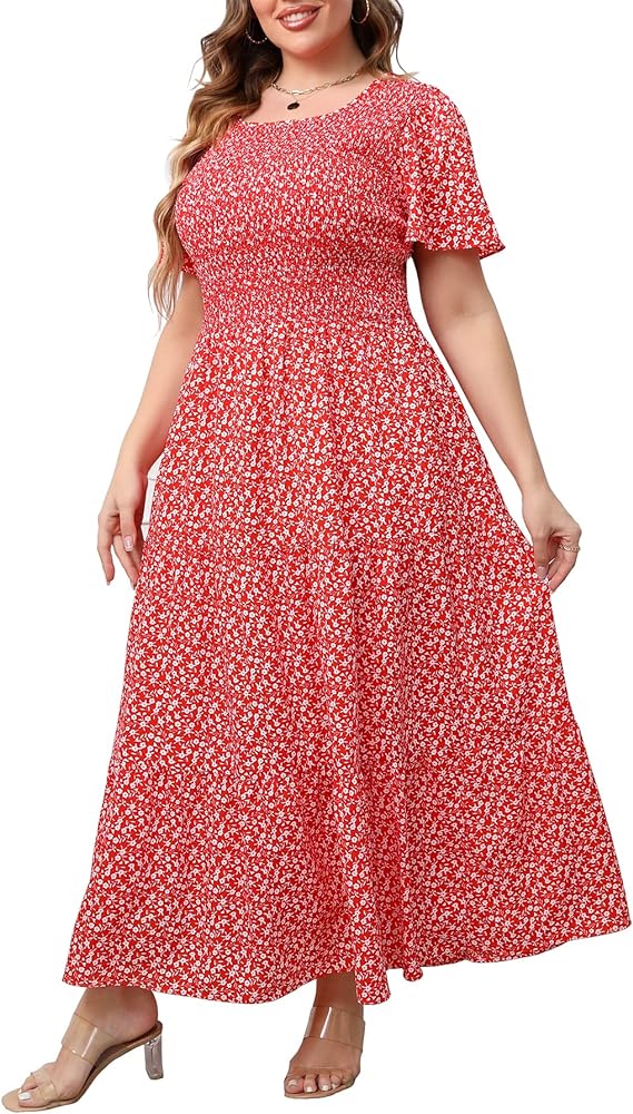 Women's Plus Size Smocked Tiered Maxi Dress with Pockets Elegant Short Sleeve Scoop Neck Floral Bohemian Dress