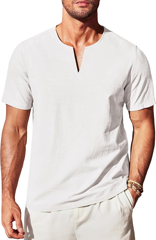 COOFANDY Men's Cotton Linen V Neck Tee Beach Summer Henley Shirts Short Sleeve Tshirt Casual Yoga