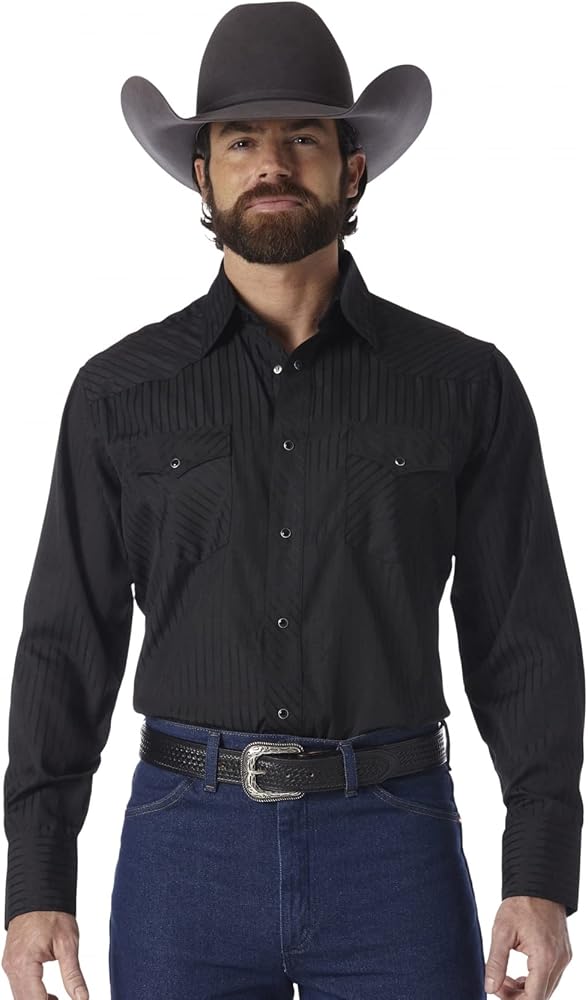 Wrangler Men's Tall Sport Western Snap Shirt Dobby Stripe, Black, X-Large Tall