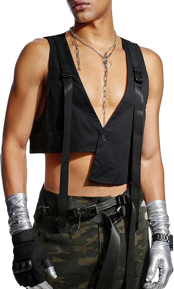 OYOANGLE Men's Sleeveless Deep V Neck Button Front Buckle Strap Party Y2K Streetwear Crop Vest Jacket