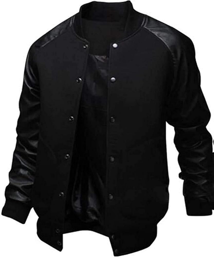 Men's Fashion Splicing Leather Sleeve Baseball Varsity Bomber Jacket