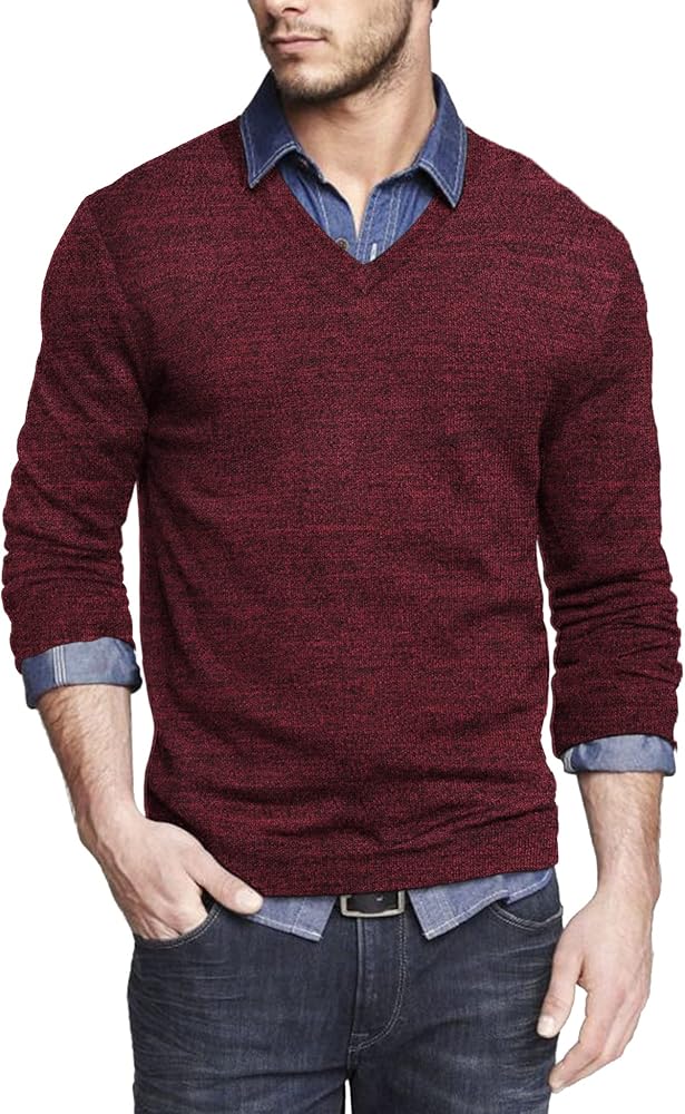 COOFANDY Men V Neck Business Sweater Lightweight Slim Fit Fall Winter Pullover Black and Red