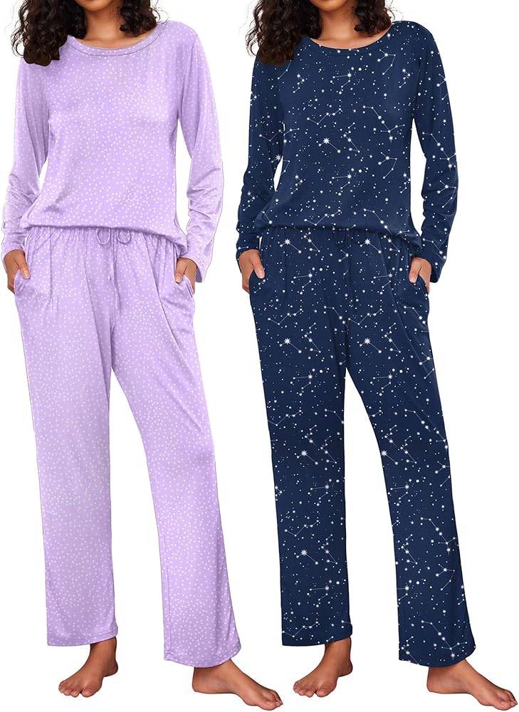 Ekouaer 2 Pack Women's Pajama Set Soft Long Sleeve Sleepwear Loungewear Pjs Sets with Pockets S-XXL