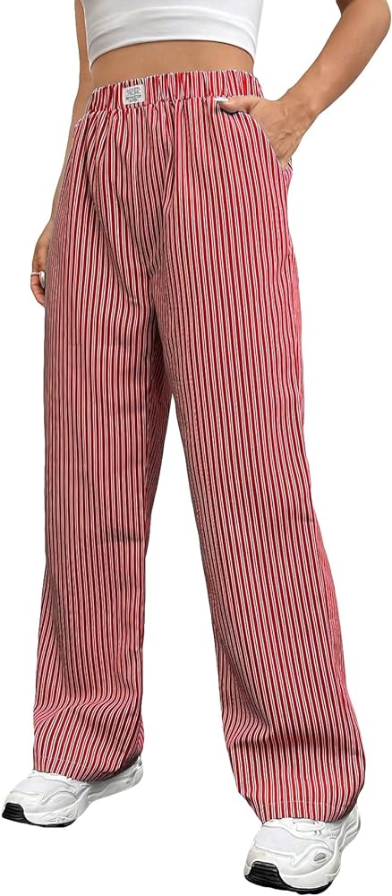 OYOANGLE Women's Straight Wide Leg Trousers Striped Print Letter Patched Detail High Waist Y2K Fashion Pants