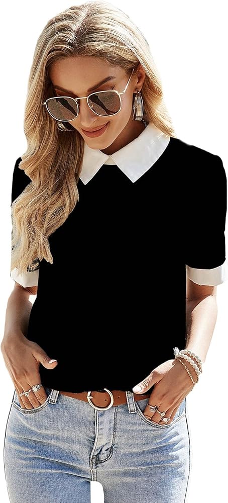 Verdusa Women's Colorblock Contrast Polo Collar Short Sleeve Blouse Shirt Top