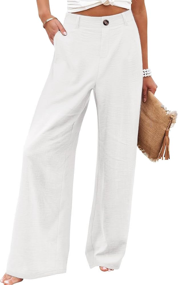 Hooever Womens Cotton Linen Pants Casual Button Up High Waisted Wide Leg Trousers