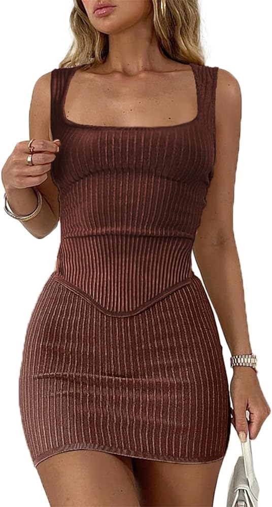 CHYRII Womens Sexy Summer Two Piece Outfits Square Neck Going Out Crop Top Bodycon Skirt Sets Mini Dress