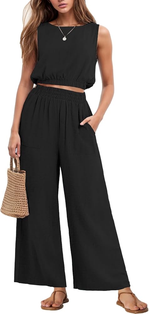 GRECERELLE Two Piece Sets for Women Sleeveless Crop Top Wide Leg Pants Sweat Set for Women Tracksuits 2024 Summer