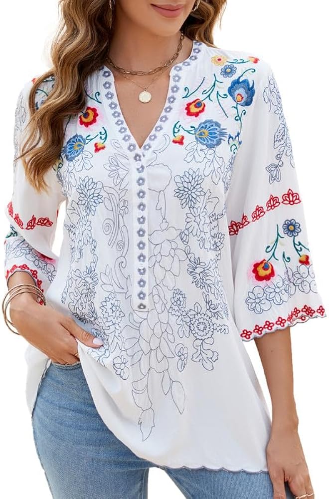 Mexican Shirts Peasant Blouses Cotton Embroidered 3/4 Sleeve Summer V Neck Tunic Bohemian Tops Boho Clothes for Women