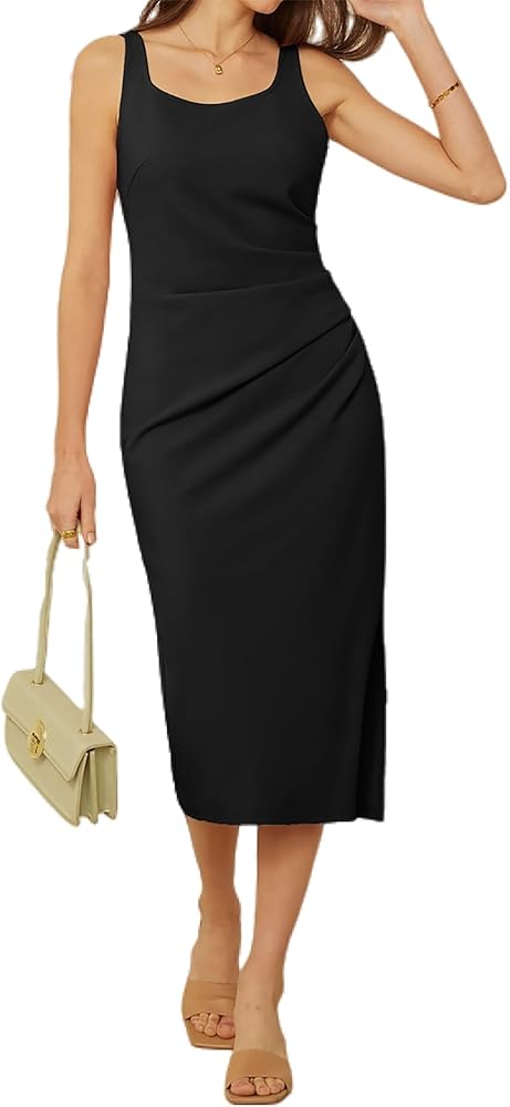 GRACE KARIN Women's Midi Summer Dresses Square Neck Sleeveless Ruched Bodycon Cocktail Party Dress