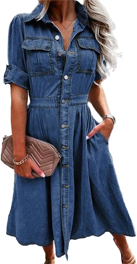 Women Denim Shirt Dress V Neck Short Sleeve Long Bottom Down A-Line Jeans Dresses with Pockets