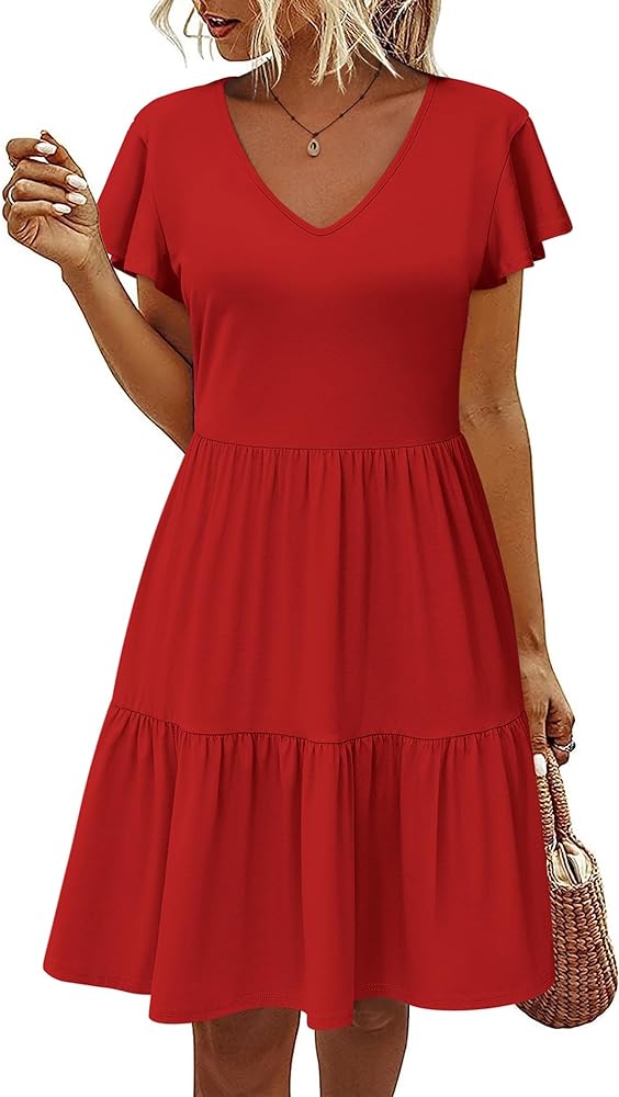 HOTOUCH Women's Casual Tiered Dress with Pockets V Neck Ruffle Dress Cap Sleeve Swing Mini Dress A-Line Dresses