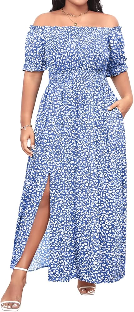 Holipick Women's Off The Shoulder Boho Dress Plus Size Floral Smocked waist Split Summer Maxi Sundress with Pockets