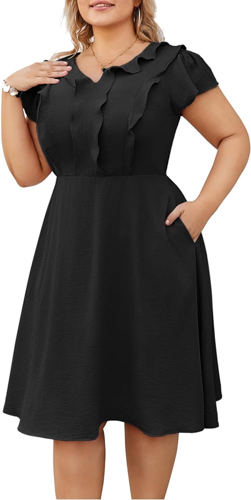 Hanna Nikole Women Plus Size Flounce Sleeve A-Line Casual Midi Dress with Pockets Elastic Empire Waist Flowy Dresses