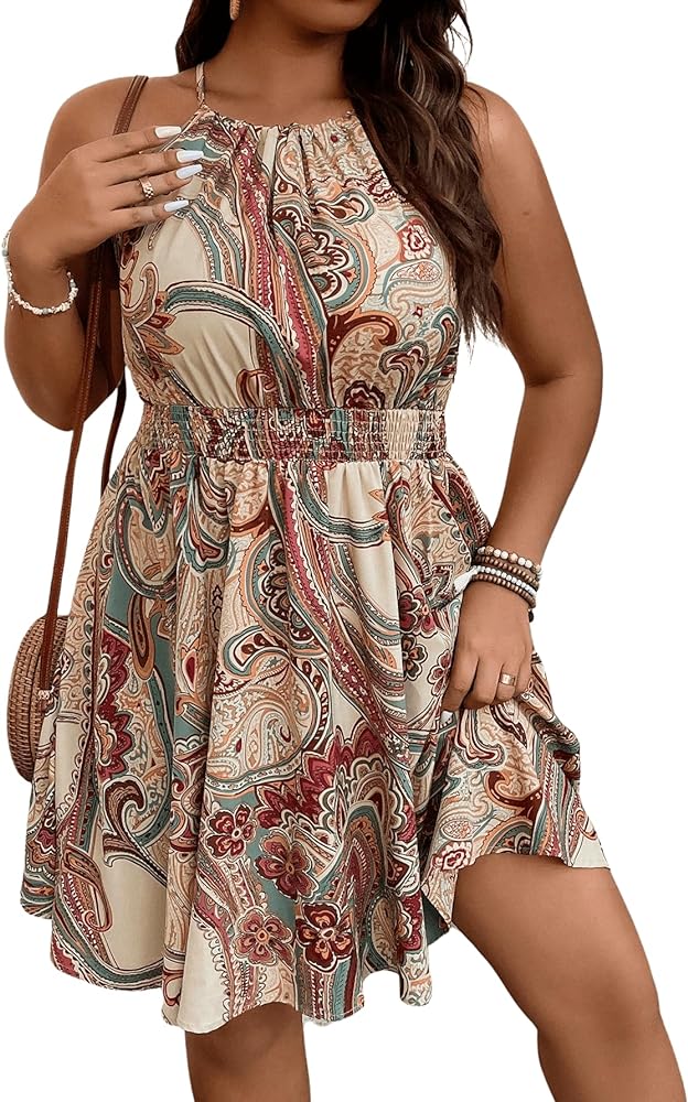 Floerns Women's Plus Size Paisley Print Sleeveless Halter Neck Boho Cami Dress