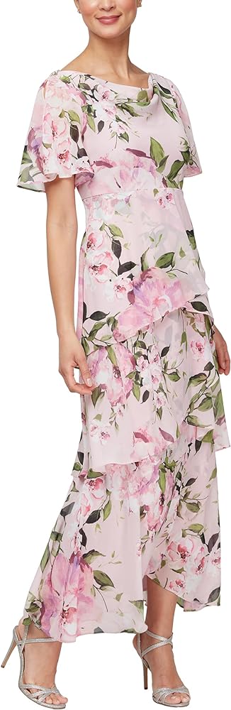 S.L. Fashions Women's Long Printed Cowl Neck Maxi Dress with Flutter Sleeves, Tiered Skirt and Embellishment at Shoulders