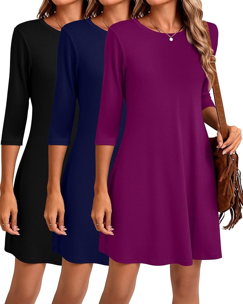 3 Pack Women's 3/4 Sleeve Dresses, Casual T-Shirt Dresses, Crew Neck Loose fit Swing Autumn Dresses, Tunic Dresses