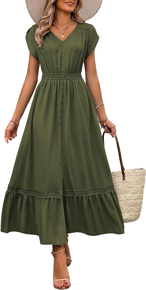 dowerme Women Summer Dresses 2024 Petal Sleeve V Neck Hallow Out Button Down Smocked A-Line Lace Flowy Slit Maxi Dress