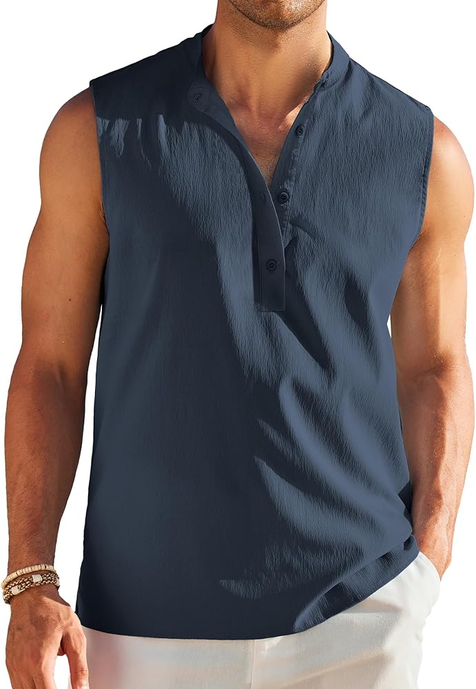 COOFANDY Sleeveless Beach Shirts for Men Summer Tank Shirts Casual Henley Tank Top