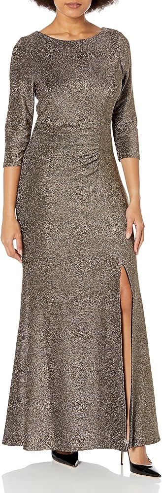 S.L. Fashions Women's Long Metallic Side Ruched Dress with Slit (Reg Petite Plus)