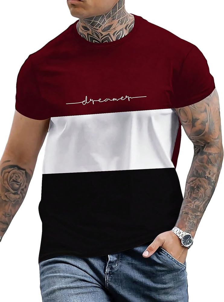 Floerns Men's Letter Print Short Sleeve Colorblock Crewneck Casual Tee Shirt