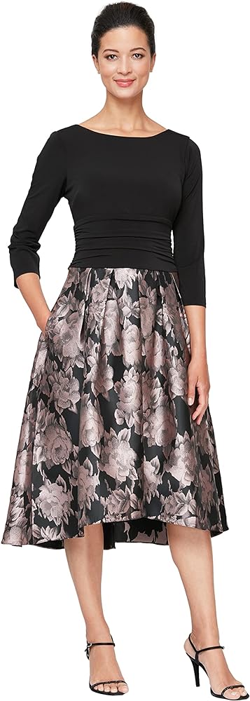 S.L. Fashions Women's Stretch Jersey Bodice Jacquard Floral Print Dress