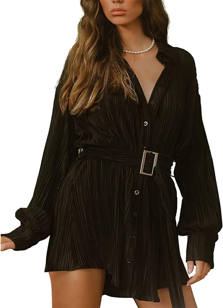 Women Shirt Dresses Long Sleeve Pleated Mini Dress Casual Button Down Tunic Tops with Belt Vintage Streetwear