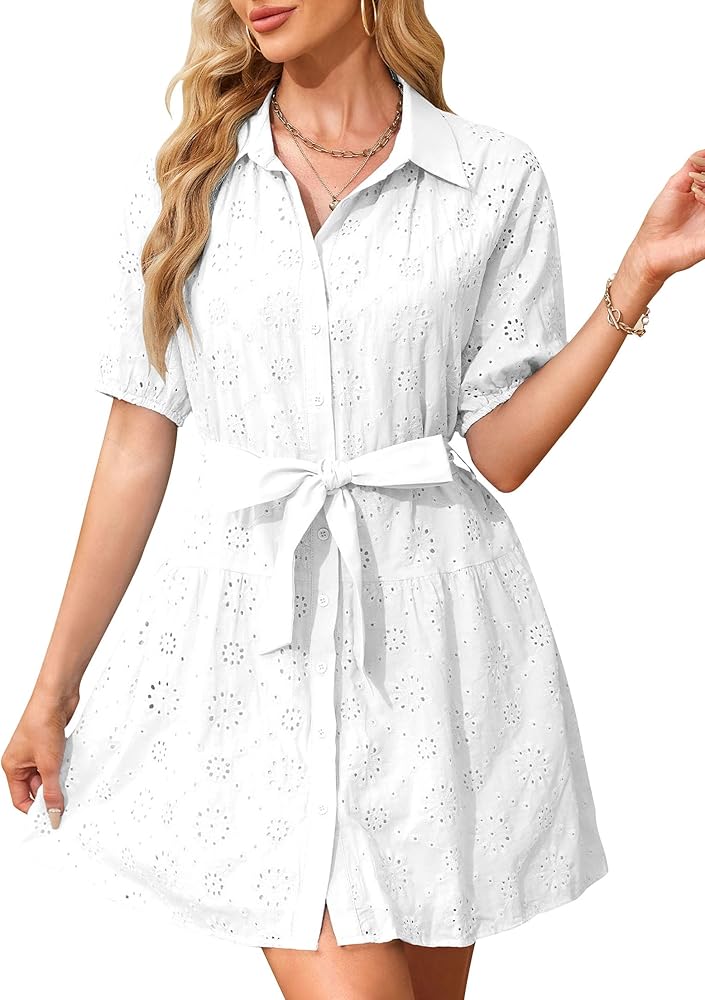 Women's Shirt Dress Summer Puff Sleeve Eyelet Casual Short Sleeve V Neck Tunic Mini Dresses with Wrap Belt Pockets