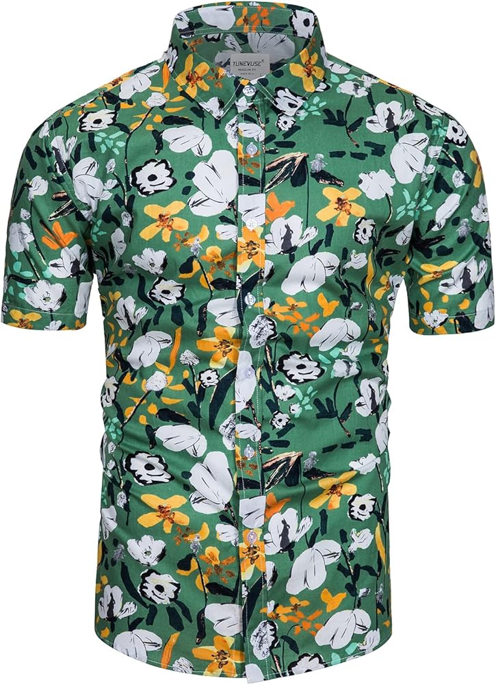 TUNEVUSE Mens Flower Shirt Short Sleeve Casual Floral Print Button Down Hawaiian Shirt 100% Cotton