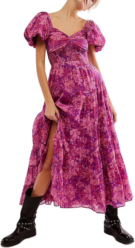 Women Short Puff Sleeve Flowy Maxi Dress Sweetheart Neck Floral Boho Dress Beach Vacation Sundresses