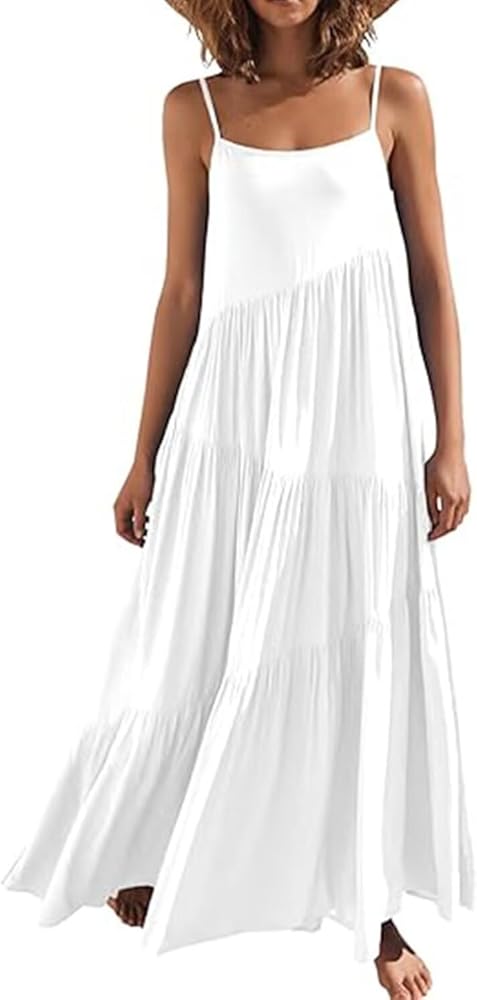 Womens Sundress Loose Sleeveless Strap Summer Casual Beach Vacation Long Dress for Women Solid Halter Dress