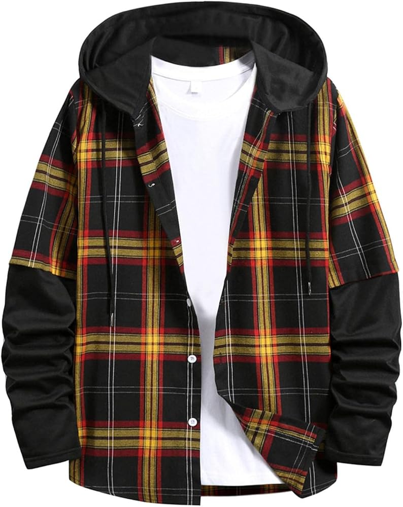 Plaid Flannel Hoodie Jacket Long Sleeve Casual Button Up Quilted Buffalo Thermal Sweatshirt Fall Winter Outwear