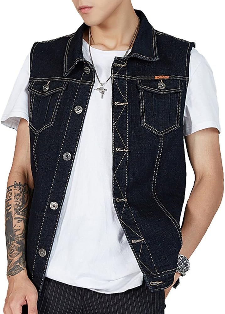 Kedera Men's Denim Vest Sleeveless Jean Vest Motorcycle Punk Black Blue Biker Plus Size Jacket