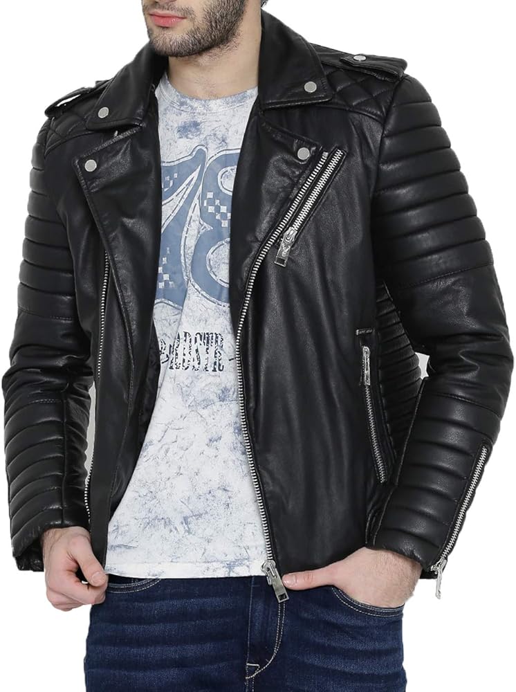 Men's Genuine Leather Jacket Real Biker Black Lambskin Motorcycle Soft Coat (KC-MJ-38