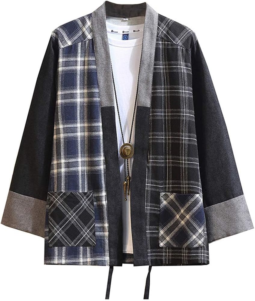 Mens Kimono Hipster Plaid Patchwork Linen Cloak Open Front Cardigan Jackets