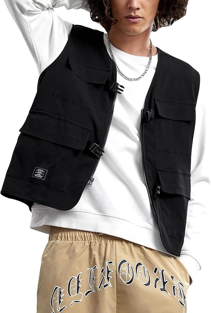 Verdusa Men's Sleeveless Letter Patched Buckle Zipper Flap Pocket Steampunk Cargo Vest Jacket Black XL