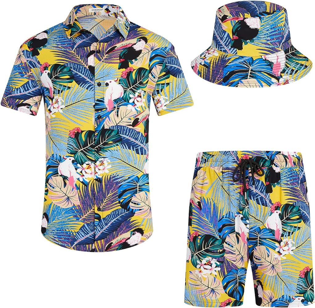 EISHOPEER Men's Flower Hawaiian Sets Casual Short Sleeve Shirt and Shorts Suits Outfits with Bucket Hats