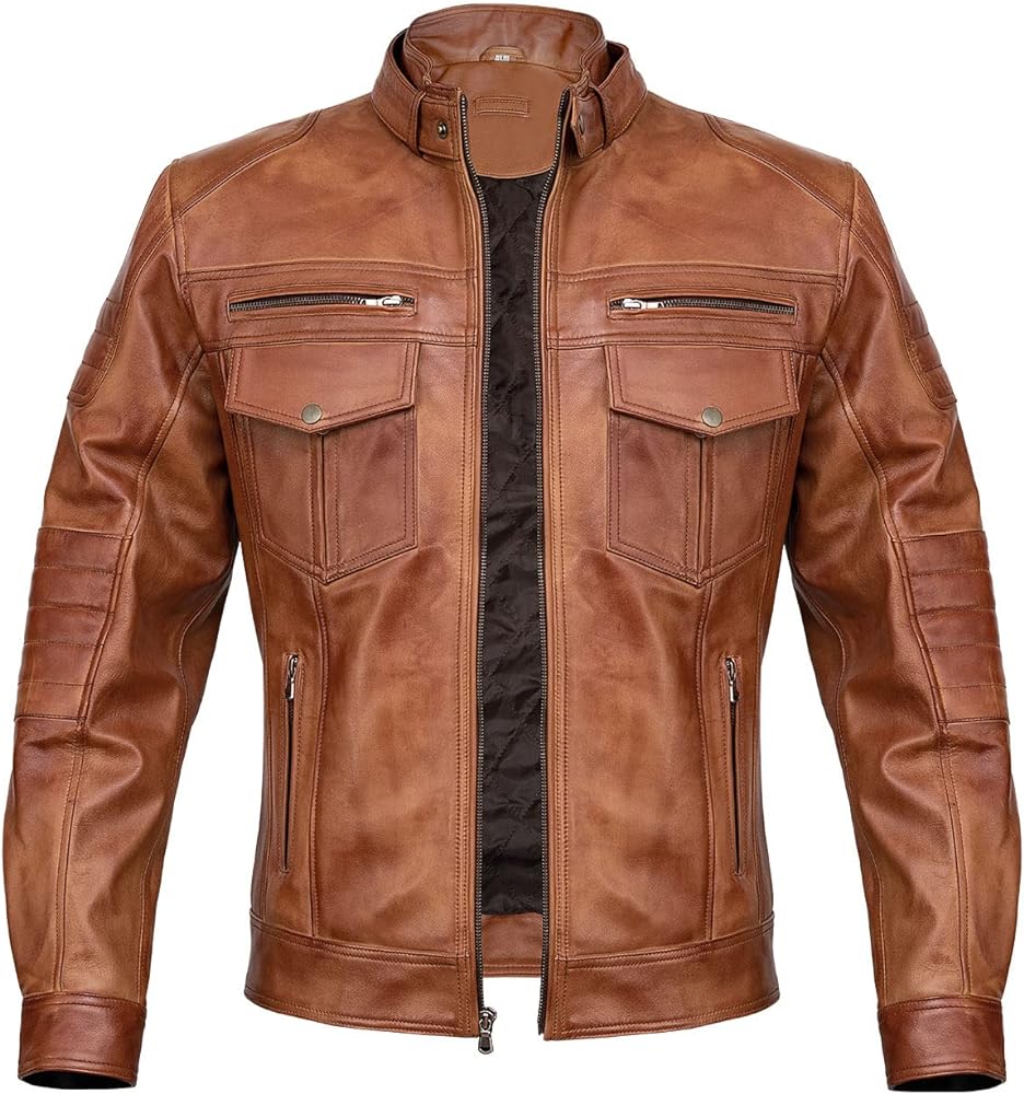 Men Cafe Racer Motorcycle Style Solid Color Leather Jacket | Mens Slim Fit Motorcycle Brown Leather Jacket