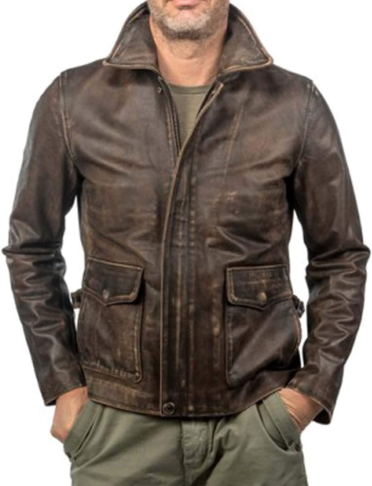 LP-FACON Mens Jones Vintage Distressed Brown Leather Jacket Harrison Ford