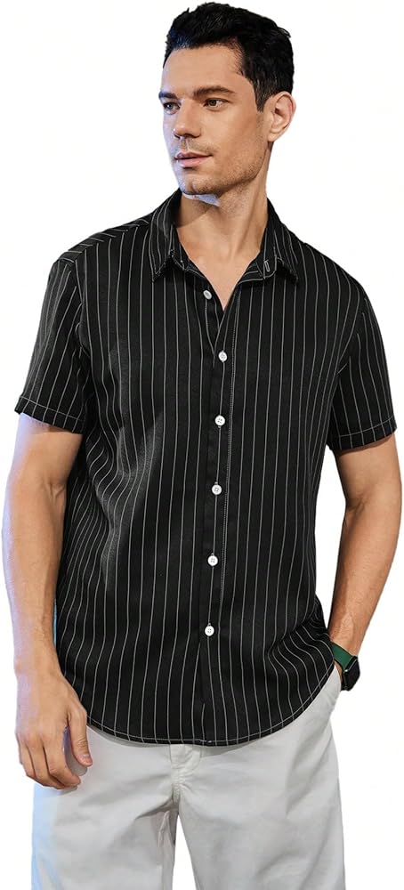 SOLY HUX Men's Short Sleeve Button Down Shirts Casual Dress Going Out Camp Tops Black Striped Black X-Large