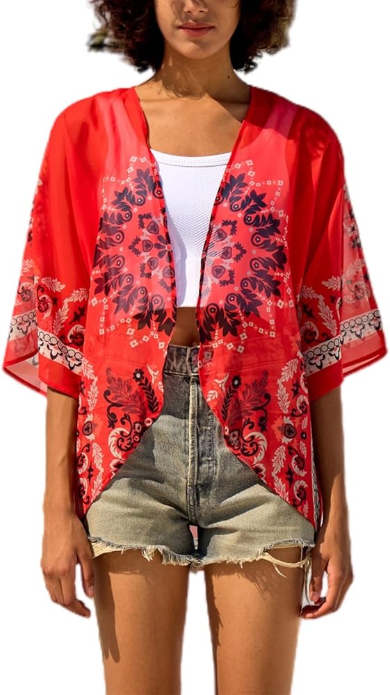 Chunoy Women Floral Chiffon Kimono Cardigan Loose Cover Up Casual Blouse Top