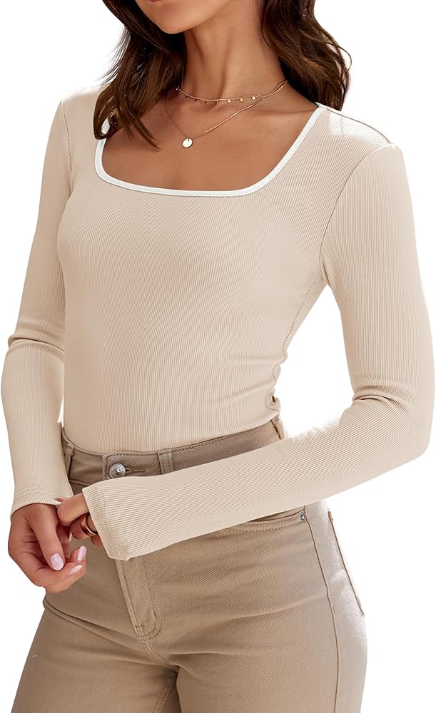 ZESICA Women's Long Sleeve Square Neck Shirts Fall Knit Tops