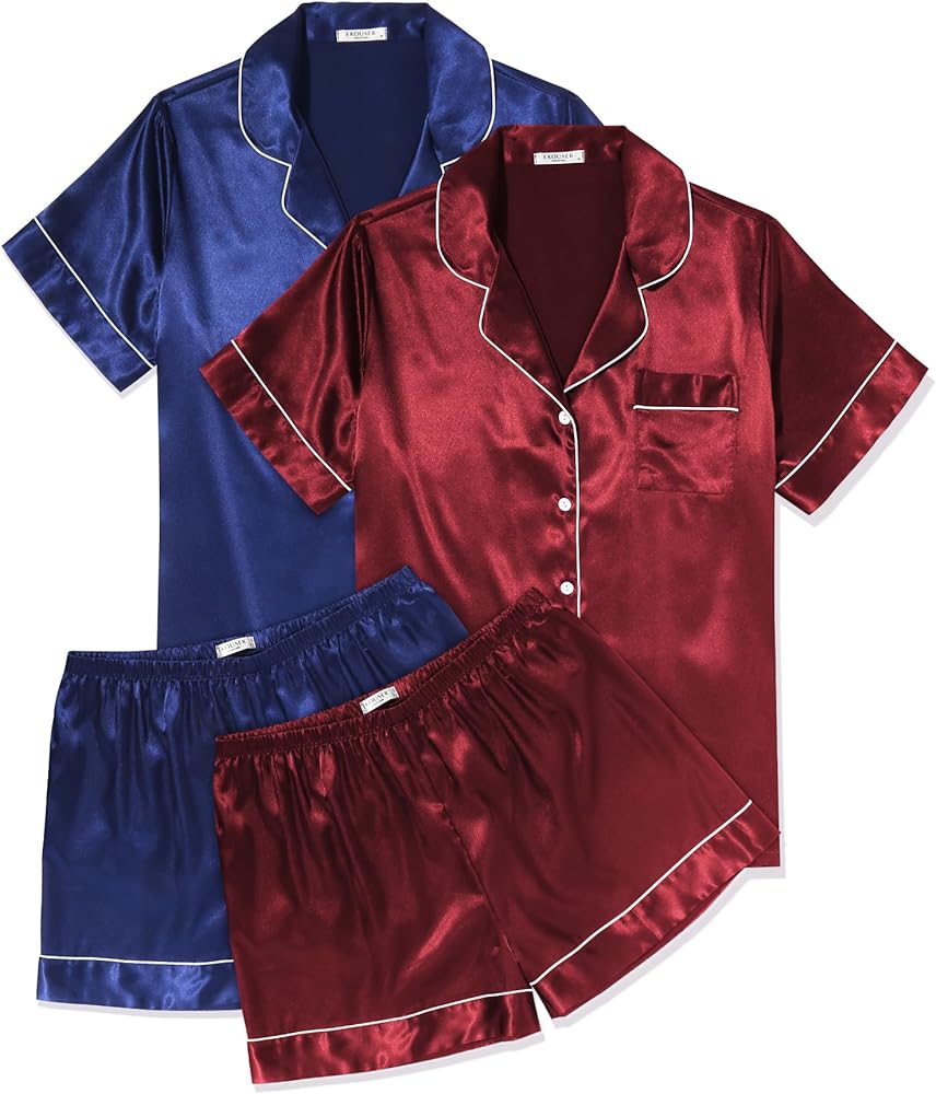 Ekouaer 2 Pack Womens Pajama Sets Silk Satin Short Sleeve Button Down Sleepwear Top and Shorts Pjs Lounge Set S-XXL