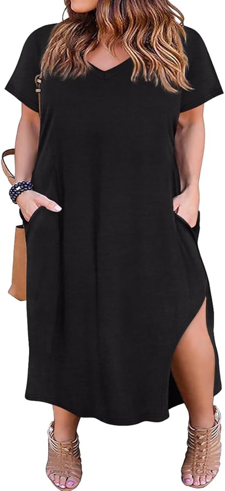 RITERA Plus Size Dresses for Women V Neck Casual Loose Pocket Short Sleeve Slits Maxi T Shirt Dress Summer Sundress XL-5XL