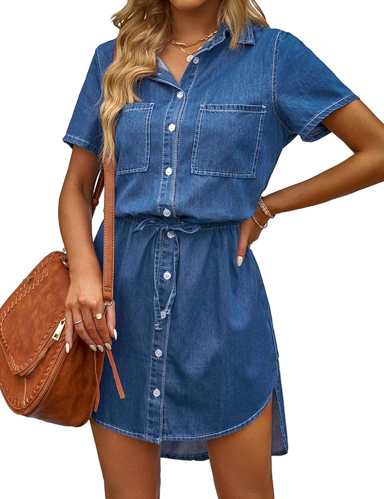 luvamia Women Casual Denim Dress Short Sleeve Tie Waist Classic Jean Shirt Dress