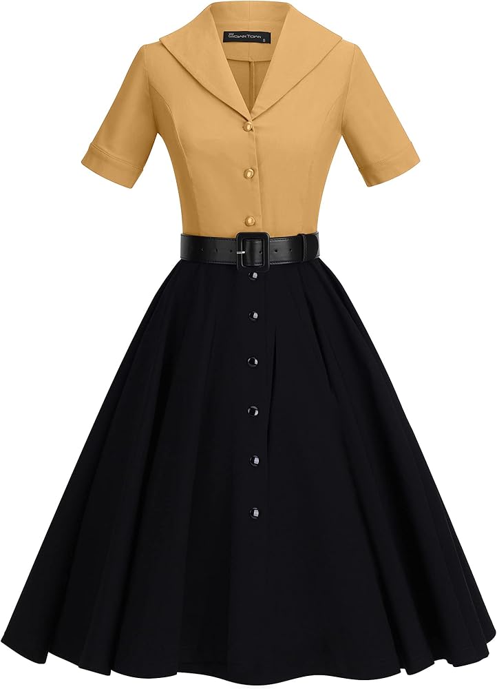 GownTown 1950 Women Dress Midi Shirt Dress Cocktail Dress with Belt