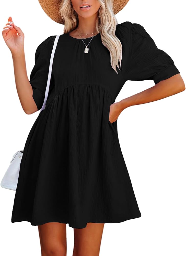 LYANER Women's Crewneck High Waist Puff Short Sleeve Button Back Babydoll A-line Mini Dress with Pocket