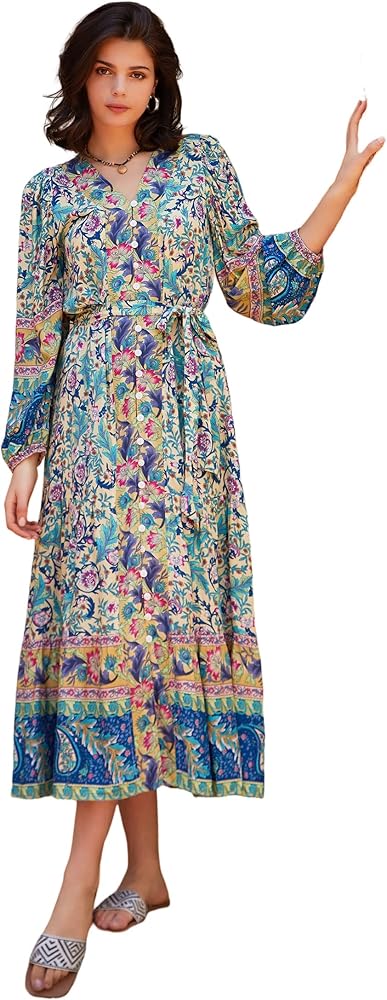 R.Vivimos Women's Long Sleeve Boho Midi Dress V Neck Floral Print Casual Button Down Loose Ruffle Beach Long Dress with Belt